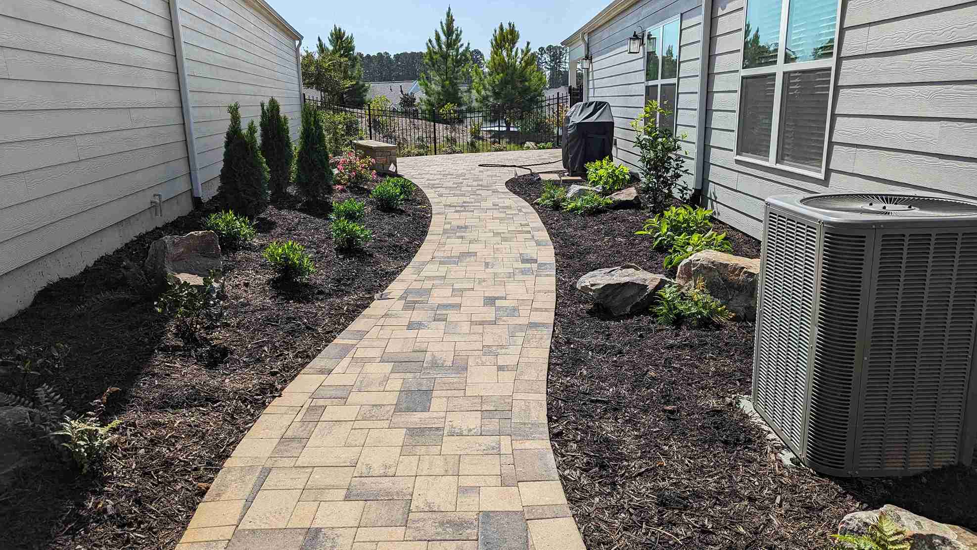 Curved paver walkway running between two homes through freshly mulched beds and arborvitae